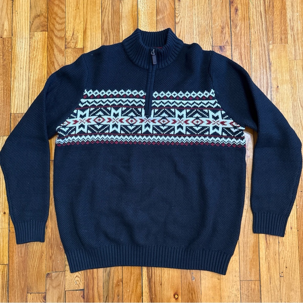Izod Sweater Mens XL Black 1/4 Zip Fair Isle Nordic Outdoor Cozy Preppy